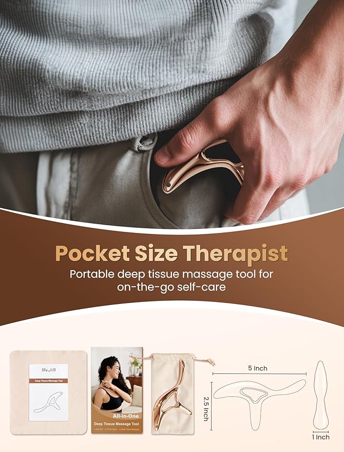 lifechill Trigger Point Massage Tool for Gua Sha, Lymphatic Drainage Massager, Deep Tissue Thumb Saver Acupressure Tool for Full Body Pain Relief, Gold