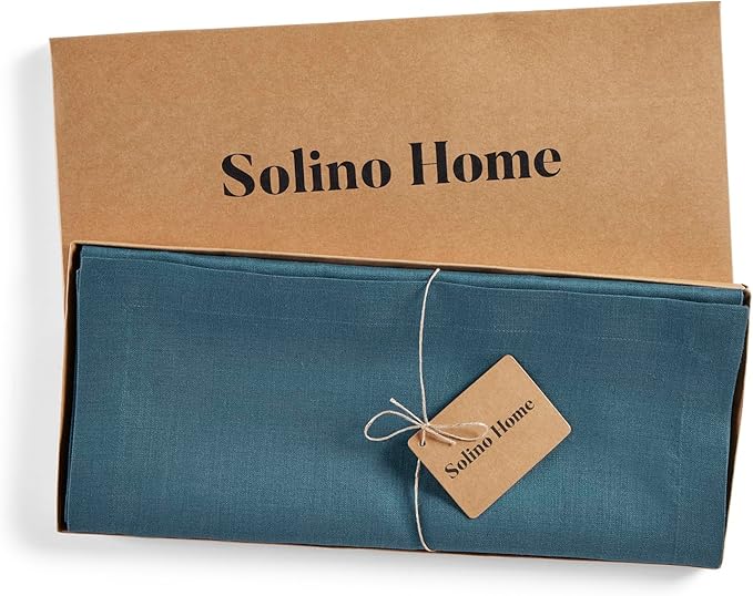 Solino Home Linen Table Runner 108 Inches Long - 100% Pure Linen Peacock Blue Table Runner 14 x 108 Inch - Fete