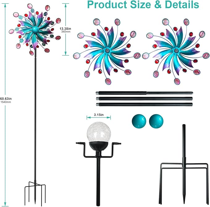 Solar Wind Spinners for Yard and Garden-60.6 Inch 360° Metal Wind Sculptures Outdoor Clearance Kinetic Windmills with Multi Color Led Glass Ball