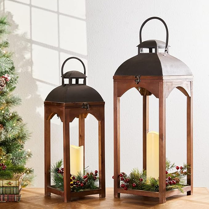 Glitzhome Set of 2 Mondern Farmhouse Wooden Lantern Hanging Decorative Candle Lanterns for Outdoor & Indoor Brown (No Glass)