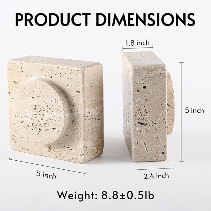 Koville Marble Square Book Ends, Heavy Duty Book Holders, Bookends for Shelves, Office Bookshelf Decor for CDs/Video Games(Travertino Romano)
