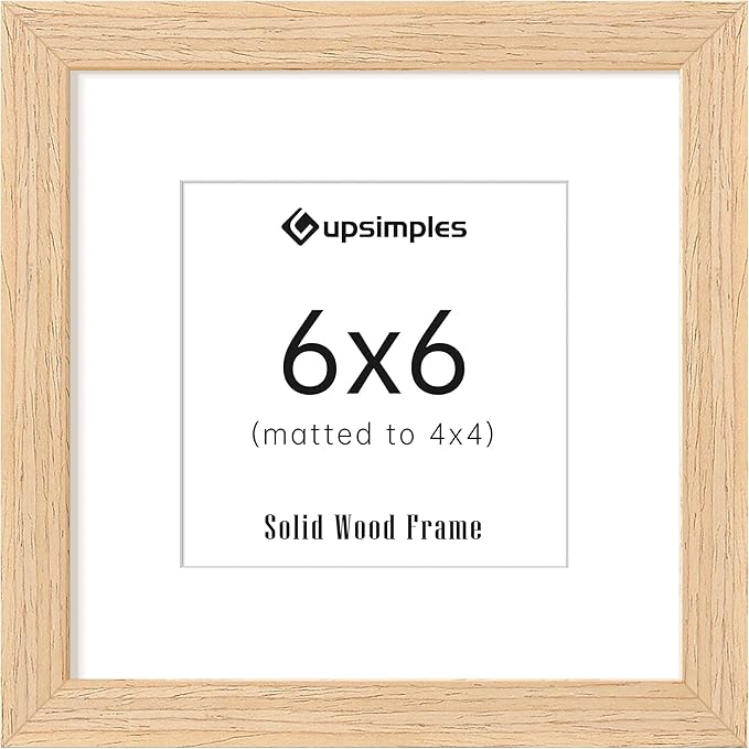 upsimples 6x6 Picture Frame, Natural Solid Wooden Picture Frames, Display 4x4 with Mat or 6 x 6 Without Mat, Wall or Tabletop, 1 Pack, Natural