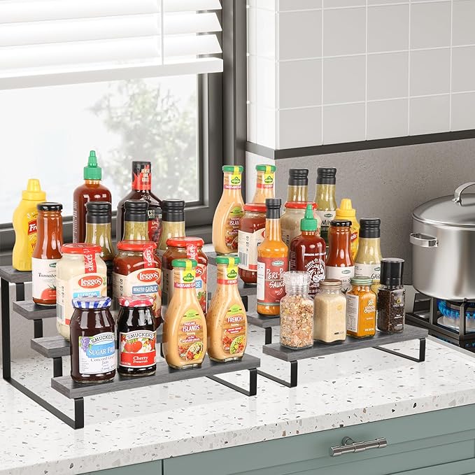 YINMIT Wooden Display Riser Stand, Tiered Perfume and Cologne Organizer Stand, 4 Tier Spice Rack Organizer, Rustic Display Shelf for Candles (4 Tier,2Pack,Grey)