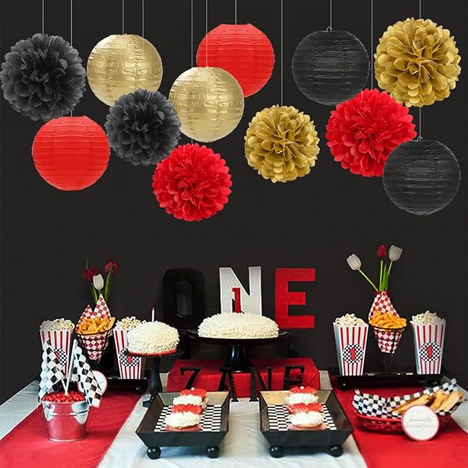 Red-Black Gold Party-Decorations Paper Flowers Lanterns - 15PCS Casino Theme Halloween Tissue Pom Poms Streamers,Game Night Women Men Birthday Wedding Bachelorette Hanging Supplies Decor Hugfond