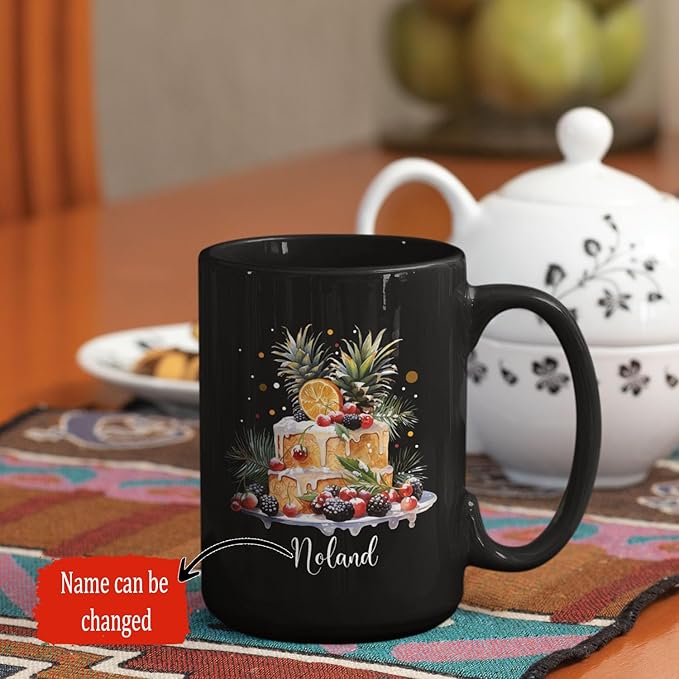 Personalized Christmas Decorative Mug - Fruit Cake Design Coffee Cup for Cake Lovers - Customized Black 11oz/15oz Cup for Daughter