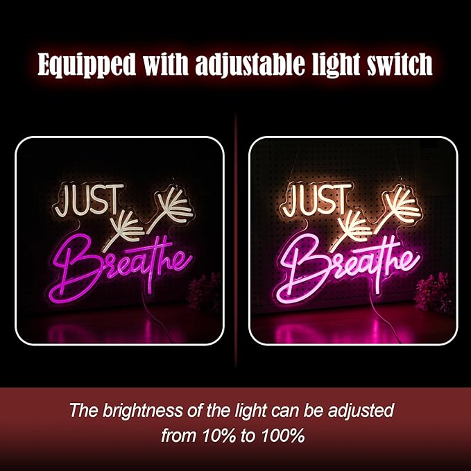 Just Breathe Neon Sign Dimmable Breathe Neon Signs Light Up Sign for Wall Decor LED Letters Neon Light by USB for Bedroom Yoga Studio Gym Reading Room(12.6 * 16.5In)