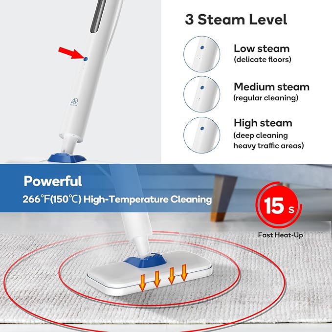 Steam Mop for Floor Cleaning,15-Second Setup,Chemical-Free Floor Steam Cleaner for Hardwood,Laminate,Tile&Greasy Spots.Ergonomic Design with Hands-Free Standing,3 Steam Settings,Reusable Washable Pads