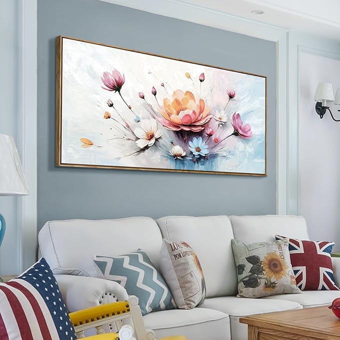 amatop Framed Floral Canvas Wall Art Picture Large Pink Blue Abstract Bloom Bouquet Print with Daisy Peony Elegant Botanical Nature Artwork for Living Room Bedroom Dining Room Entryway Decor 48x24 inch