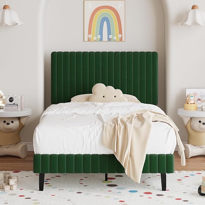 Twin Bed Frame, Velvet Upholstered Platform Bed with Vertical Channel Tufted Headboard and Footboard, No Box Spring Required, Easy Assembly, Green