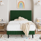 Twin Bed Frame, Velvet Upholstered Platform Bed with Vertical Channel Tufted Headboard and Footboard, No Box Spring Required, Easy Assembly, Green