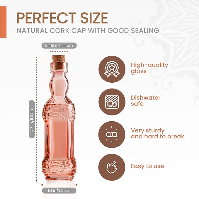 Small MIni Reddish Vintage Glass Bottles with Corks, MIni Vases, Decorative, Potion, Assorted Design Set of 12 pcs, 4.6 Inch Tall (11.43cm), 1.4 Inch Wide (3.56cm)