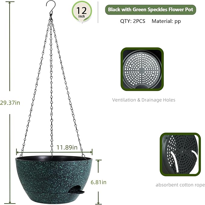 12 Inch Hanging Baskets 2 PC with Chains, Self-Watering Hanging Planters for Indoor Outdoor Plants, Plastic Hanging Flower Pots, Black with Green Speckles