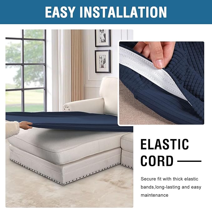 H.VERSAILTEX Super Stretch Individual Chaise Cover Sectional Couch Covers for L Shaped Sofa Both Left/Right Featuring Thick Jacquard Textured Twill Fabric (1 Piece Chaise Cover, Navy)