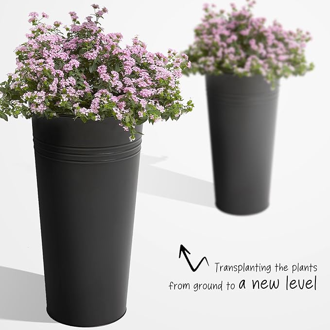KOL 28'' Tall Galvanized Steel Planter Pot - Flower Pot with Water Level Indicator for Plants - 2-Pack Self Watering Planters - Round Black Powder Metal Planter Box - Indoor Outdoor Grande Plant