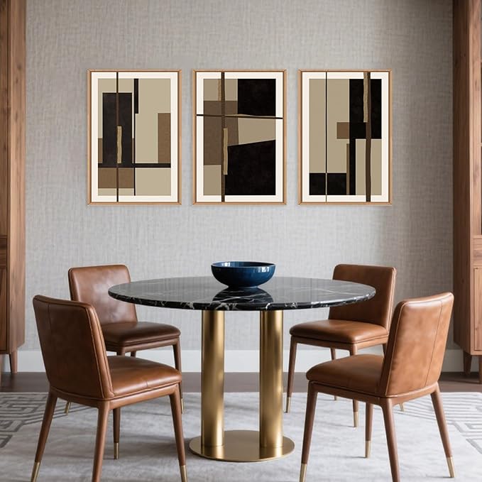 Abstract Shapes Framed Canvas Wall Art Set, Mid-Century Black Polygon Wall Decor, Black Brown Irregular Painting, Neutral Modern Art Print for Living Room, Dining Room, Office - 16"x24"x3