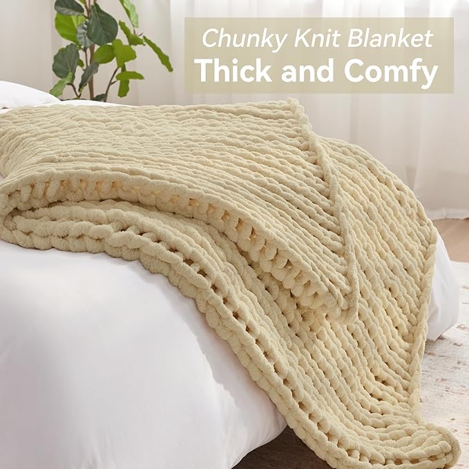 Chunky Knit Throw Blanket, 60''*80'' Knitted Throw Chenille Yarn for Bed Couch, Handmade Oatmeal Crochet Big Thick Blanket, Machine Washable Cute Comfy Blanket for Home Decor