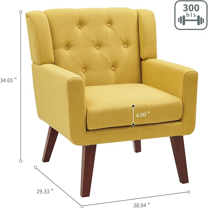 Accent Chairs Set of 2, Button-Tufted Upholstered Living Room Chairs Set of 2, Comfy Reading Chair Mid Century Modern Chairs with Linen Fabric Lounge Arm Chairs for Bedroom (Bright Yellow)