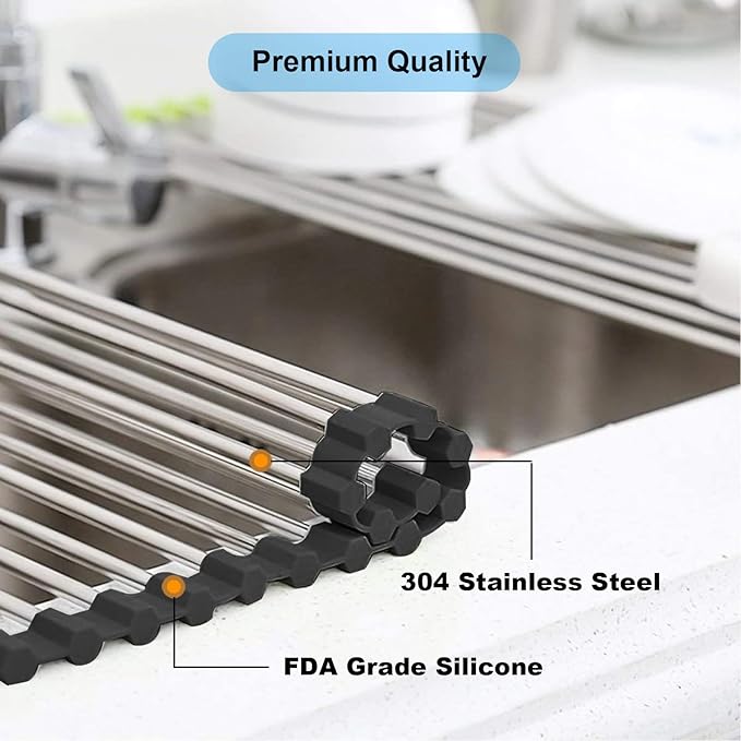 Searik Stainless Steel Over The Sink Dish Drying Rack, Roll Up Foldable Kitchen Sink Drainer Rack (17.7"x 11.8")