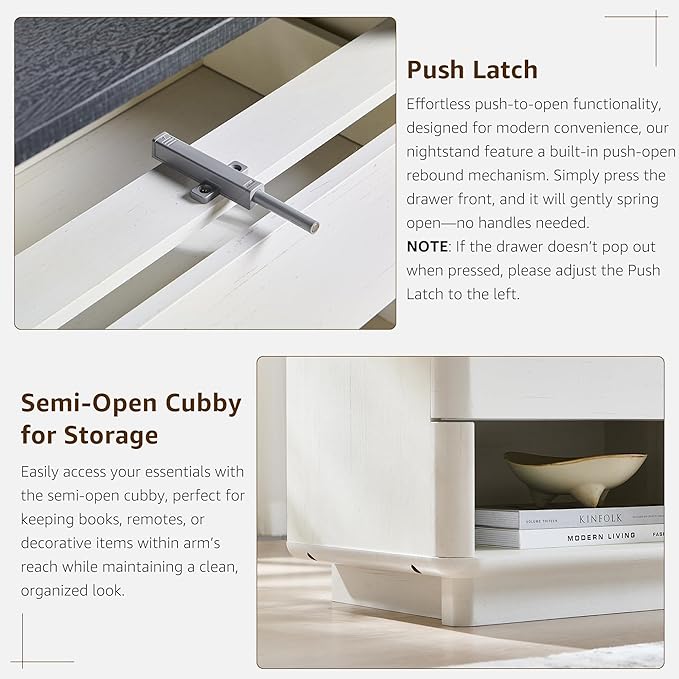 Nightstand Set of 2 with Charging Station, 22" Large Modern Bedside Table with 2 Drawers Storage,Push-to-Open End Table for Bedroom,Living Room,Off White