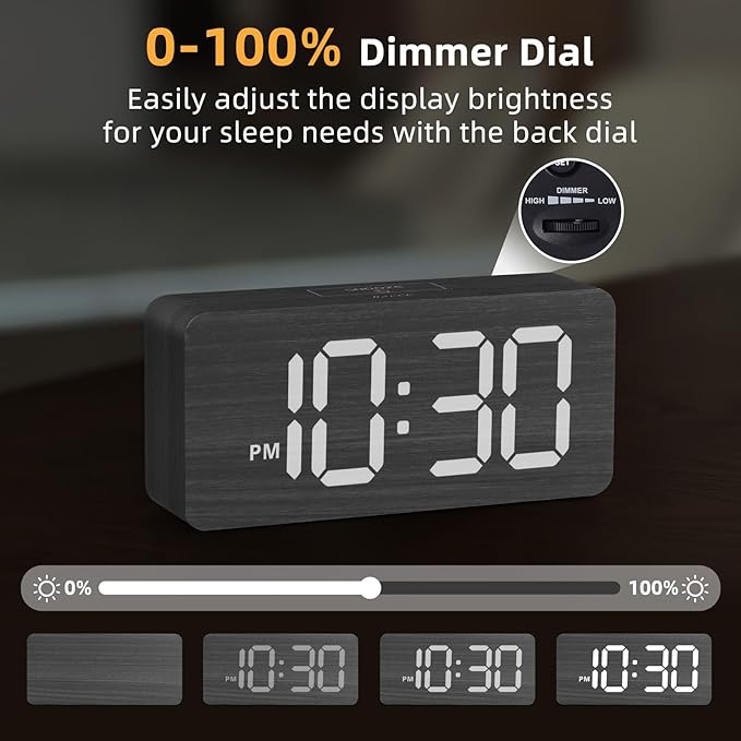 uscce Wooden Digital Alarm Clocks for Bedrooms: Dimmable Dual Alarm Clock with Large Numbers for Bedside Desk - Loud Alarm for Heavy Sleepers with Volume Control - Wood Decor & Gifts