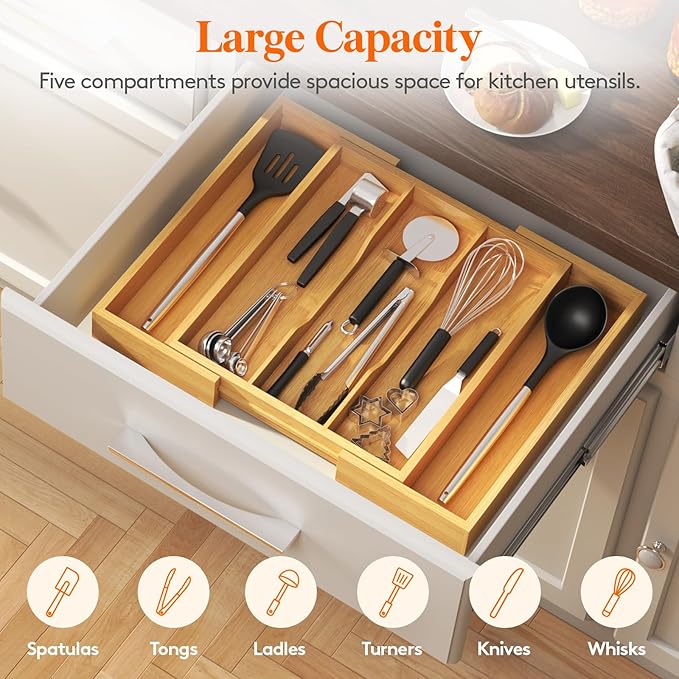 Lifewit Utensil Organizer for Kitchen Drawer, Expandable Cooking Utensil Tray, Bamboo Cutlery Silverware Flatware Holder, Adjustable Spatula Tools and Gadgets Storage Divider, Large, Natural