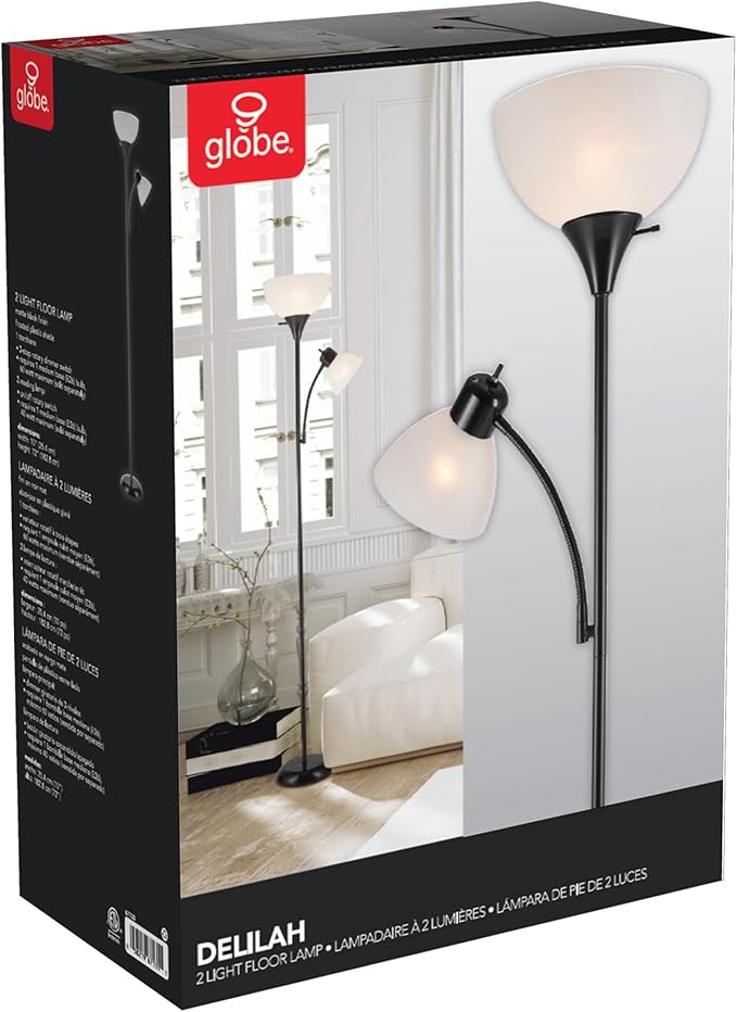 GLOBE Electric 67135 72" Torchiere Floor Lamp and Adjustable Reading Light, Matte Black, Frosted Shade, Dual Rotary Switch, 3-Step Dimming, Modern Lighting for Living Room or Office