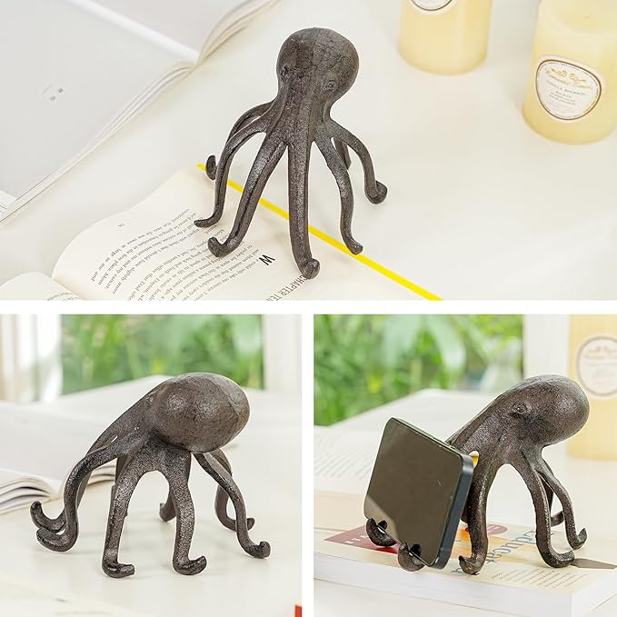 Sungmor Cast Iron Octopus Statue, Decorative Bookend, Cute Sculpture on Bookshelf or Desk, Creative Cell Phone Holder, Octopus Stand for Tablet, Black Brown