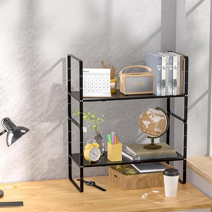 iPEGTOP Expandable Cabinet Storage Shelf Organizer, Heavy Duty Steel Metal Spice Rack Adjustable Height Home Office Garage Pantry Shelf Space Riser for Counter Kitchen Organization, Black, 1 Pack