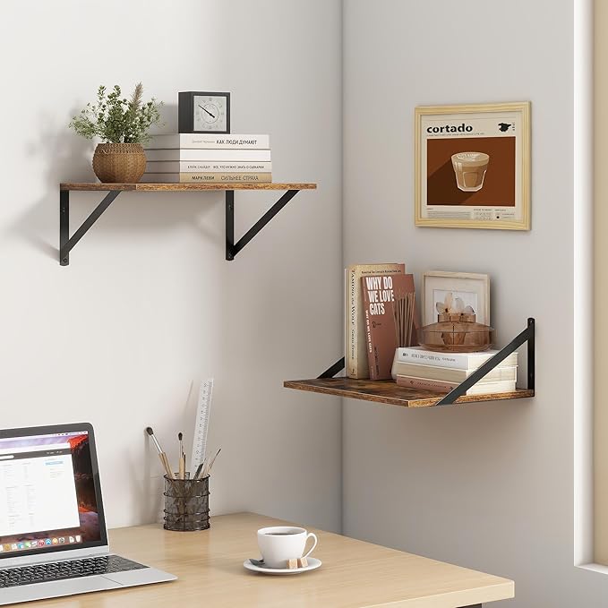 Deep Floating Shelves for Wall, 12 Inch Deep Floating Shelves Set of 2, 16"W x 12"D Wall Shelf, Wide Display Ledges Shelves for Bedroom, Bathroom, 12 Deep Bookshelf Wall Mounted - Rustic Brown