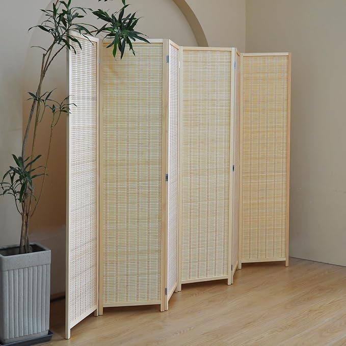 6 Panel Folding Room Divider Screen, Bamboo, for Separation, Beige, 67" H x 92.1" W
