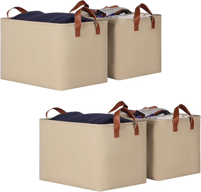 KEEGH Storage Baskets for Organizing, Fabric Storage Bins for Shelves with Leather Handle, Shelf Baskets for Closet Organization, 15" L x 11" W x 10" H, Brown, 4 Pack