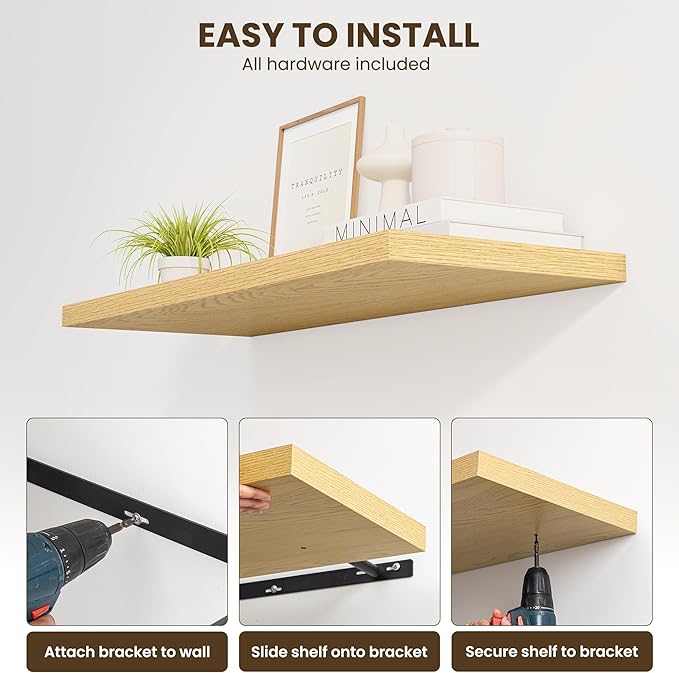 48" Floating Shelves for Wall, 12" Deep Slim Oak Floating Shelves, Wall-Mounted Shelves for Bedroom, Living Room, Kitchen, Bathroom - Set of 2
