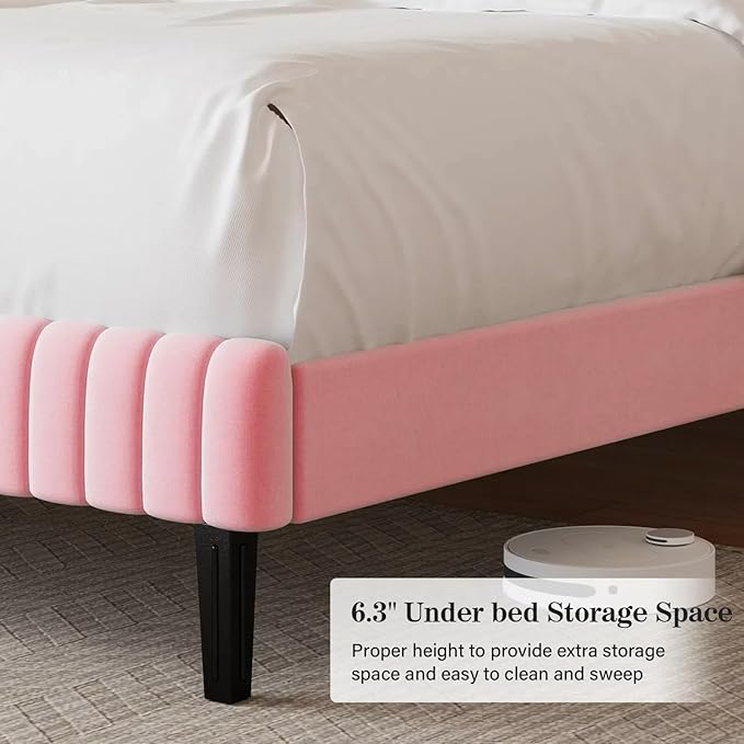 Twin Size Bed Frame, Velvet Upholstered Platform Bed with Vertical Channel Tufted Headboard and Footboard, No Box Spring Required, Easy Assembly, Pink
