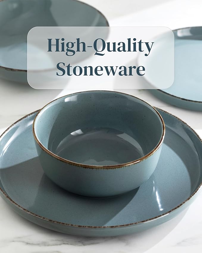 Stoneware dinnerware set 4 persons Rustic 12 pcs - Rustic design dinnerware set, dishwasher safe - Bowl and plate set - Pure Living dinnerware in smoky blue…