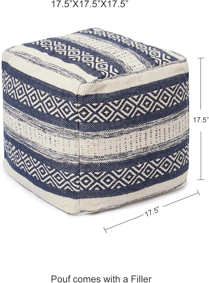 REDEARTH · Tufted Pouf Ottoman with Filler Textured Storage Cube Bean Bag Pouffe Footrest for Living Room, Bedroom, Nursery, Home Decor; 100% Cotton (17.5"X17.5"X17.5", Indigo Impressions)