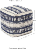 REDEARTH · Tufted Pouf Ottoman with Filler Textured Storage Cube Bean Bag Pouffe Footrest for Living Room, Bedroom, Nursery, Home Decor; 100% Cotton (17.5"X17.5"X17.5", Indigo Impressions)