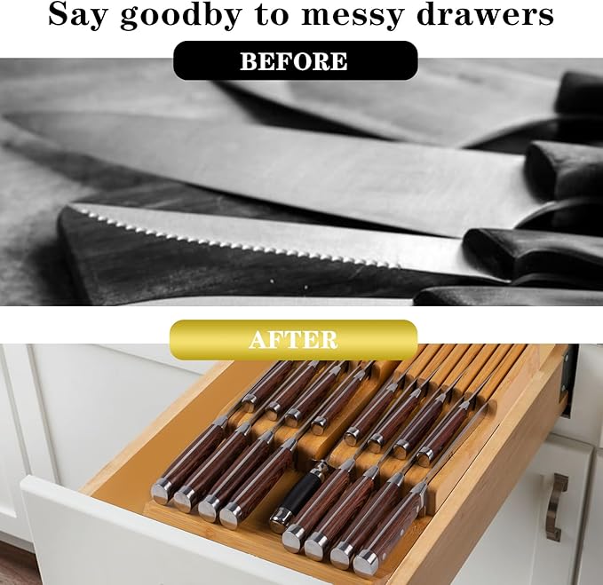 Bamboo Kitchen Drawer Knife Holder, In-drawer Knife Block, Knife Drawer Organizer fit for 16 knives and 1 steel sharpening