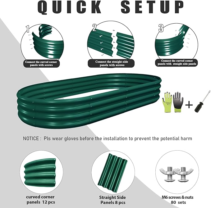 2 Pack 6x3x1FT Galvanized Raised Garden Bed Kit Oval Metal Ground Planter Box Outdoor Bottomless Planter Raised Beds for Vegetables Flowers Herbs Fruits, Green