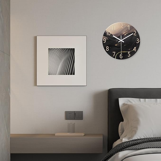 Large Wall Clocks Battery Operated 16 Inch Marble Glass Wall Clock for Living Room Black and Glod Wall Clock Silent Non Ticking