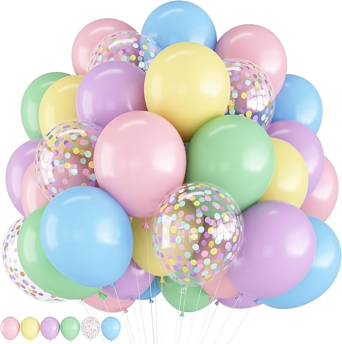 Pastel Balloons 12 Inch Macaron Pink Blue Green Purple Yellow Pastel Rainbow Latex Balloon with Colorful Confetti Party Balloons for Easter Birthday Baby Shower Bridal Wedding Party Decoration