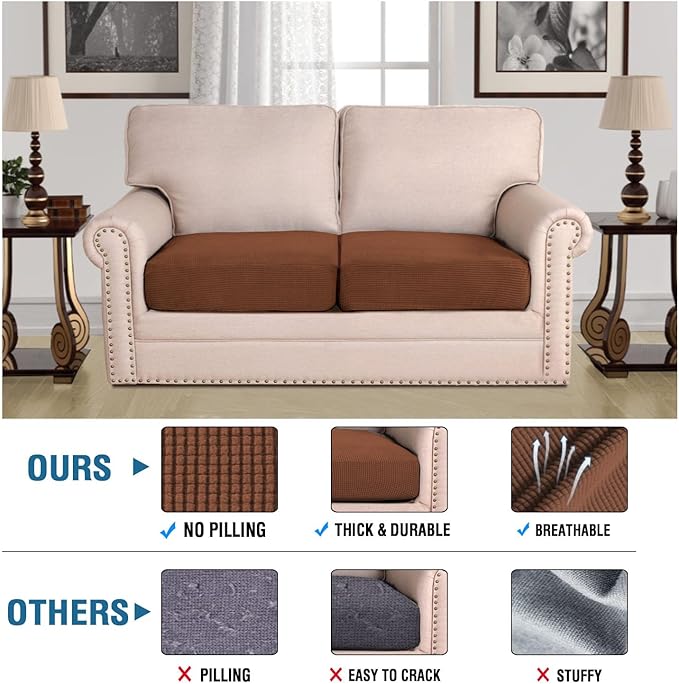 H.VERSAILTEX Super Stretch Individual Seat Cushion Covers Sofa Covers Couch Cushion Covers Slipcover Sets Thick Jacquard Textured Twill Fabric (2 Piece Medium Sofa Cushion Covers, Caramel)