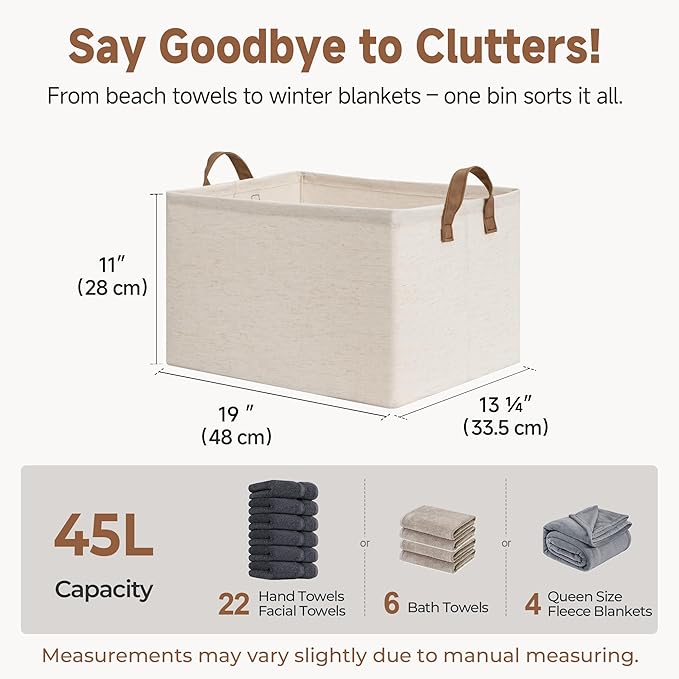 StorageWorks Storage Bins, Shelves Baskets for Organizing, 45L Extra Large Fabric Closet Organizers with Handles, Metal Frame, Beige（Cotton-linen）, 2-Pack