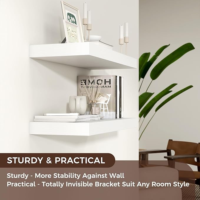 Floating Shelves - 2 Large Wall Mounted Shelves with Invisible Brackets, Long Wood Floating Wall Shelf for Living Room, Bedroom, Kitchen (White, 24" W x 9" D x 1.5" H)