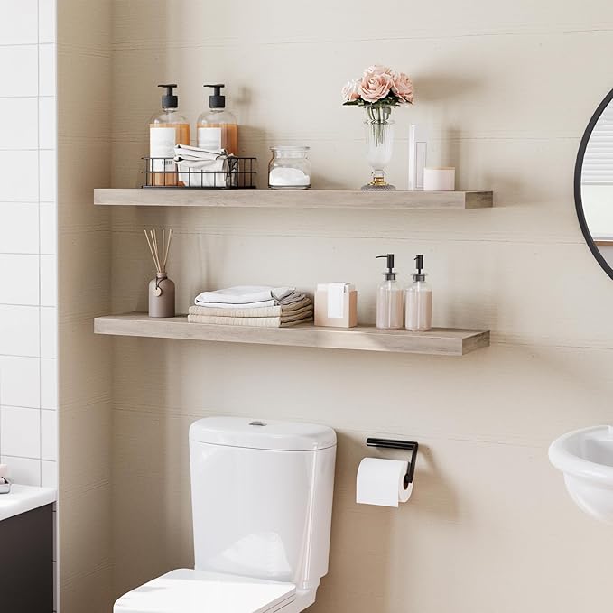 HOOBRO Floating Shelves for Wall, Wall Mounted Shelf Set of 2, 39.4" Hanging Shelf with Invisible Brackets, for Wall in Bathroom, Bedroom, Toilet, Kitchen, Livingroom, Office, Greige BG100BJP201