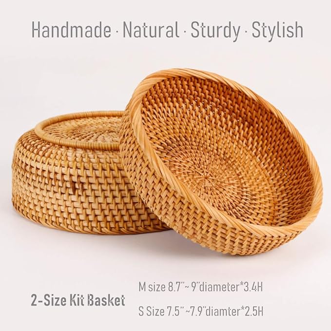 Set of 2 Round Rattan Bowl Baskets, 8 9 Inch Handmade Wicker Basket Tray with 3”Deep Wall, Decorative Woven Brown Bread Basket Fruit Bowl Table Key Holder, 2-Size