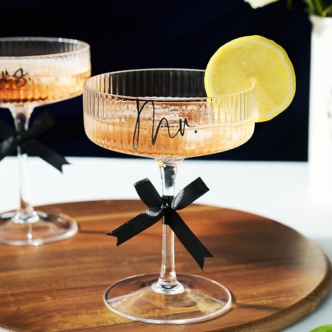 Ribbed Coupe Glasses for Anniversary Engagement Wedding Bridal Shower Gifts for Couple, Crystal Martini Glasses Set of 2, 10 Oz Vintage Wedding Mr and Mrs Champagne Flutes, Margarita Cocktail Glasses