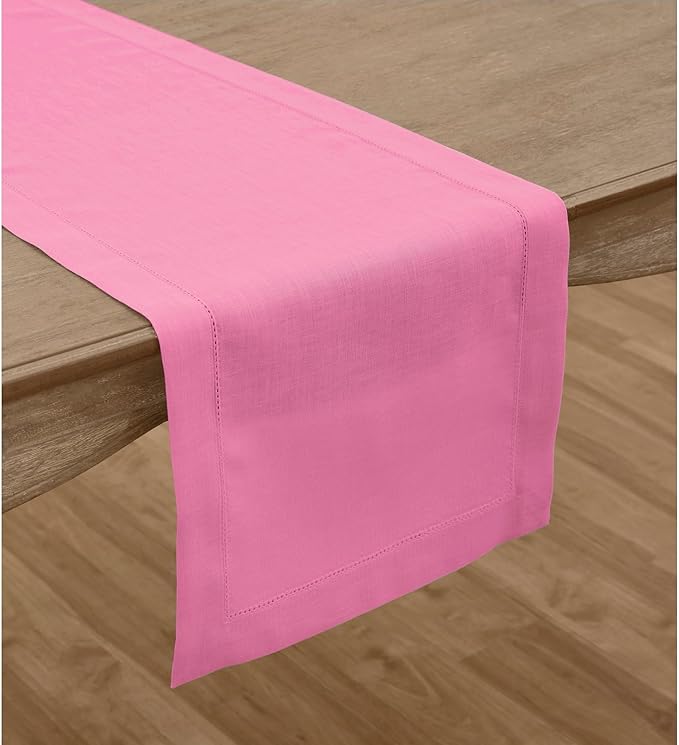 Solino Home Linen Flamingo Pink Table Runner 144 Inches Long - 100% Pure Linen Extra Long Table Runner 14 x 144 Inch for Halloween - Classic Hemstitch