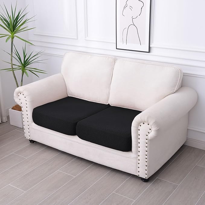 hyha Waterproof Couch Cushion Covers for Pets, Non Slip Sofa Seat Cover for Dogs Washable, Soft Thick Stretch Jacquard Fabric, Sofa Slipcovers with Elastic Bottom (2 Pieces, Black)