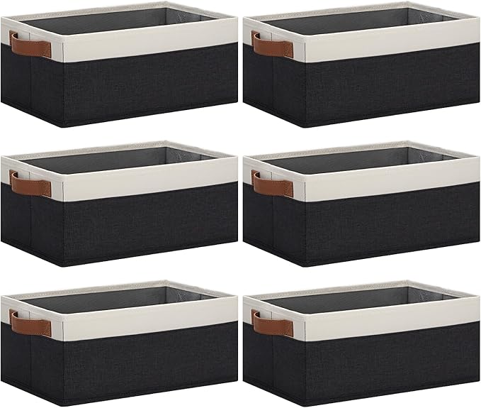 GhvyenntteS Storage Baskets for Organizing, Fabric Storage Bins with Leather H&les, Foldable Rectangular Storage Baskets for Shelves, Closets, Home, Office(Black/White, 6 Pack)11.8X7.9X5.1 in
