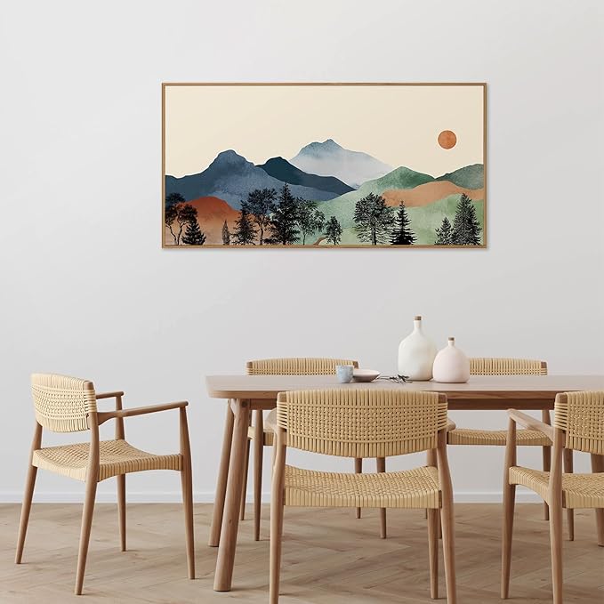 SIGNINART Large Boho Mountains Framed Canvas Wall Art, Watercolor Nature Landscape Art Prints, Neutral Modern Sunrise Art Paintings, Green Forest Wall Decor for Living Room, Bedroom, Office 20"x40"